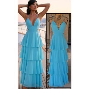 Lulus Tier and Now Blue Tie-Back Tiered Maxi Dress Size M